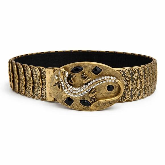 Ornate Gold-Tone Lizard Buckle Filigree Stretch Belt Rhinestone Y2K main image 4